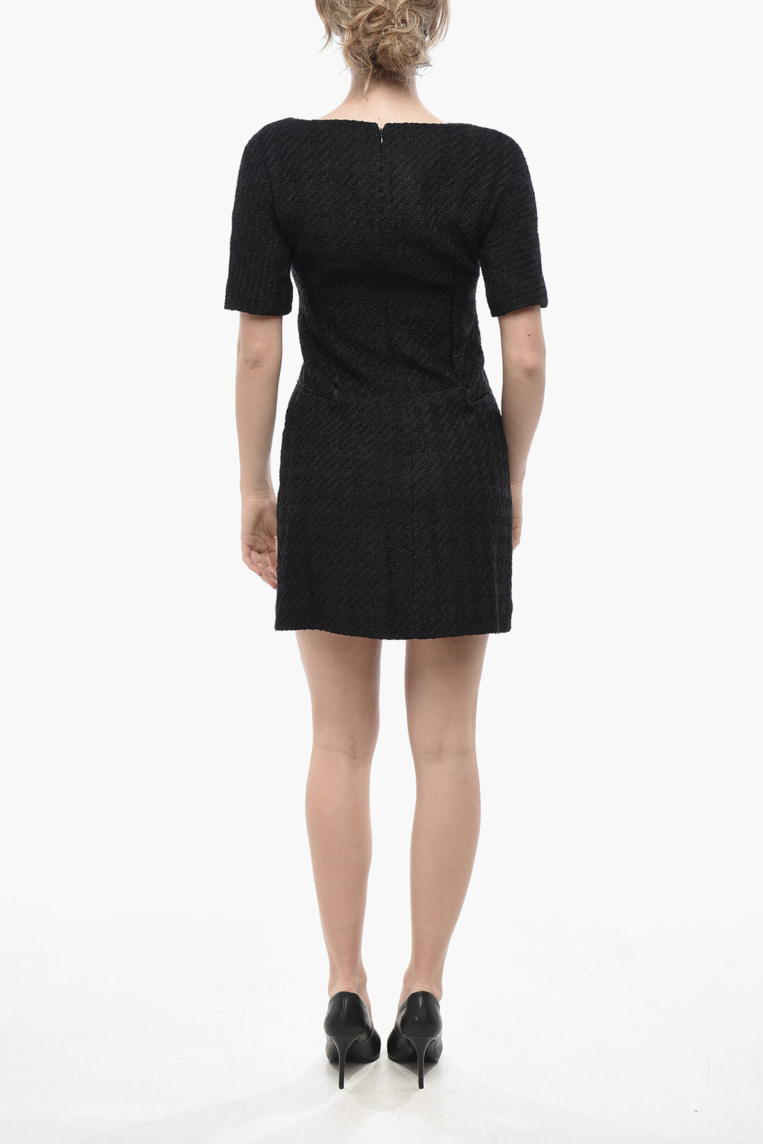 Givenchy 3500~Short-Sleeve Tweed Sheath Dress with Front Logo, view 2