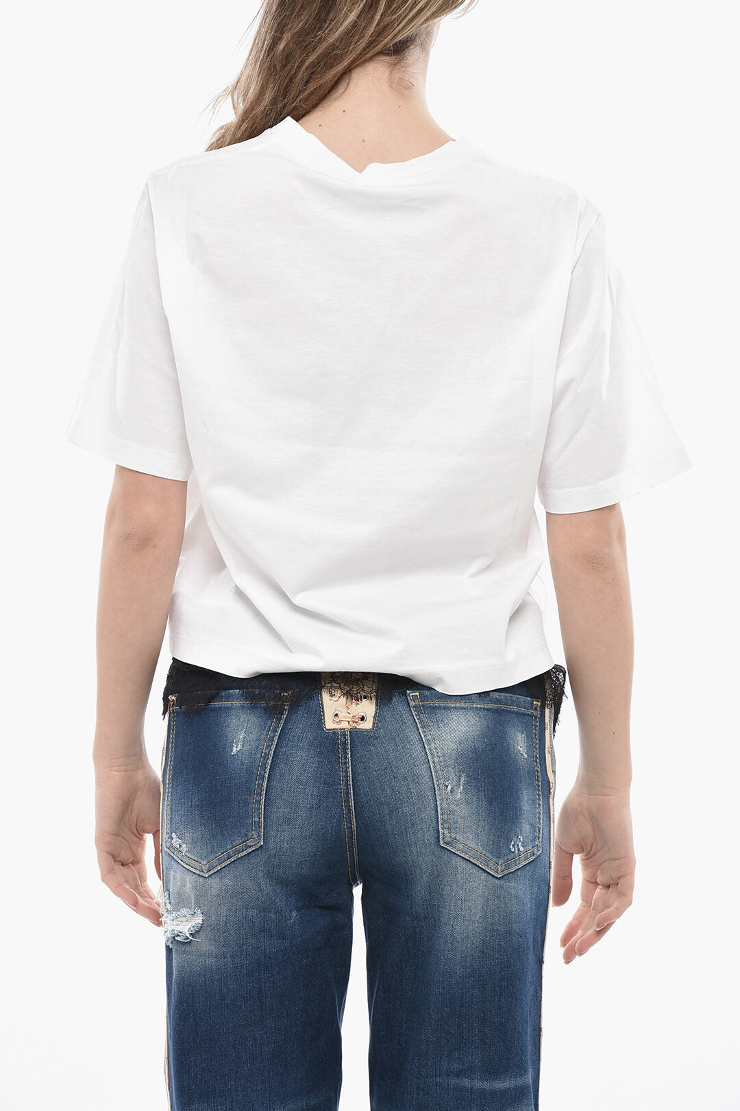 Dsquared2 2405~Crewneck T-Shirt EASY FIT Printed with Lace Hem
