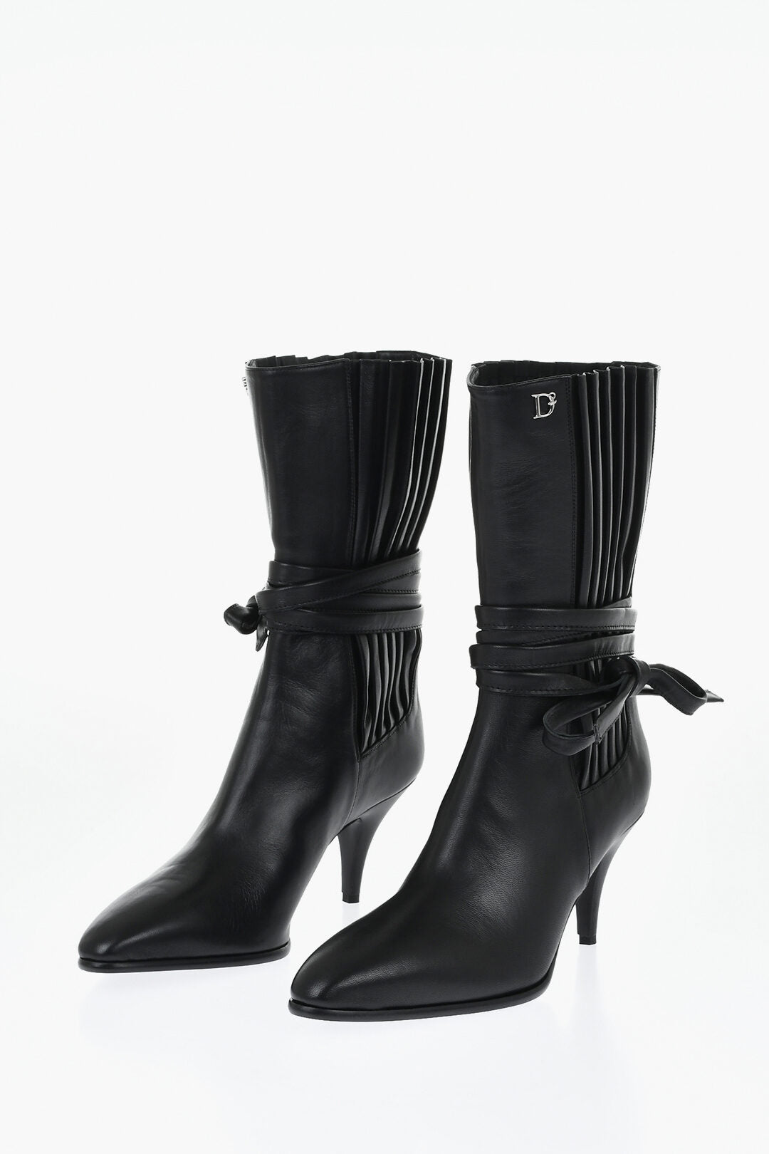 Dsquared2 3500~Leather Ankle Boots with Pleated Details, Side Laces and 7cm Heel
