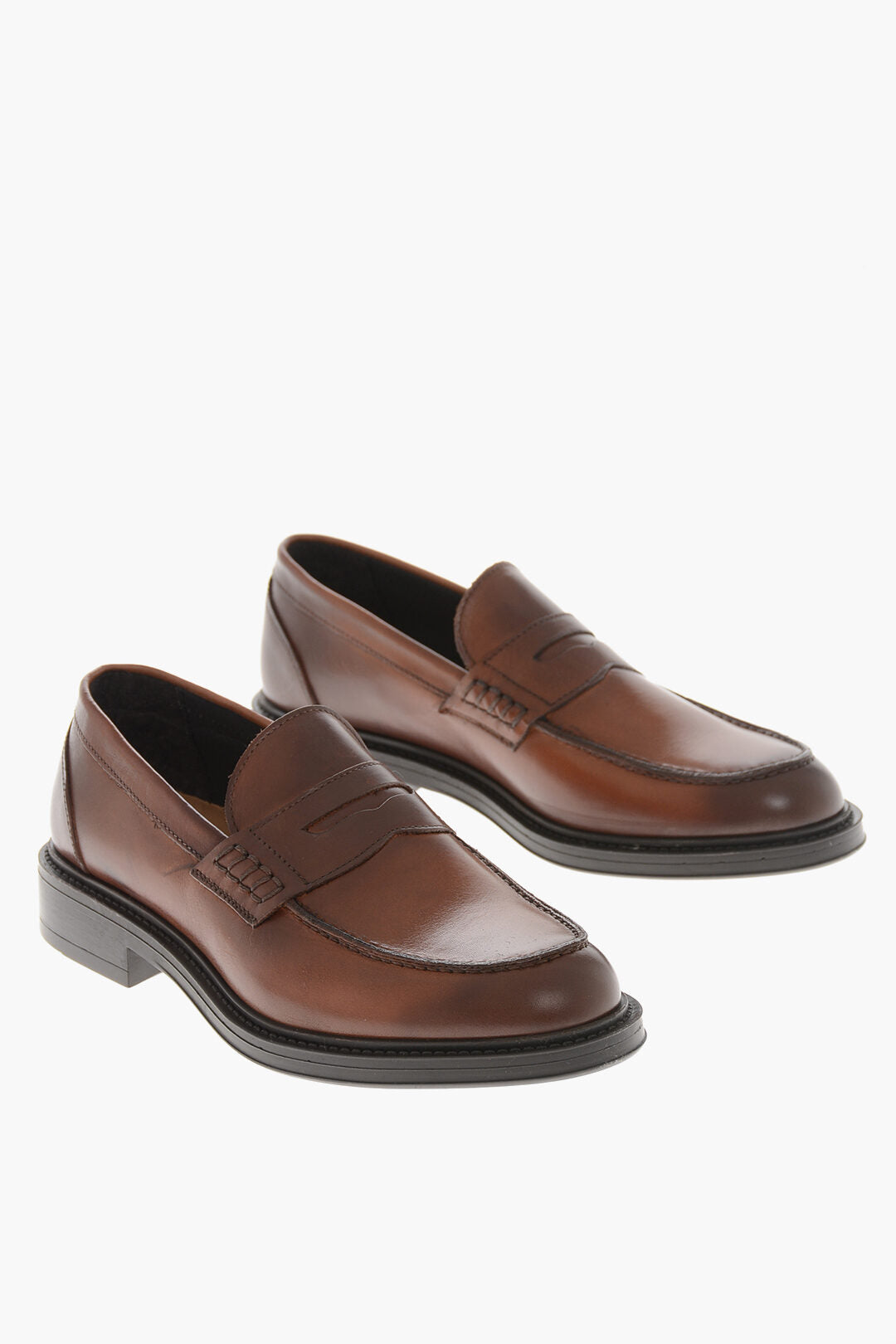 Testoni 2405~Brushed Leather Penny Loafers with Fumé Effect