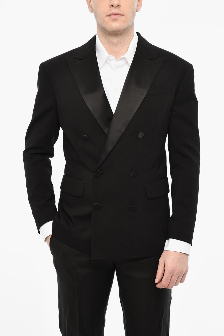 Dsquared2 3500~Wool-Blend Double-Breasted Blazer with Satin Peak Lapel