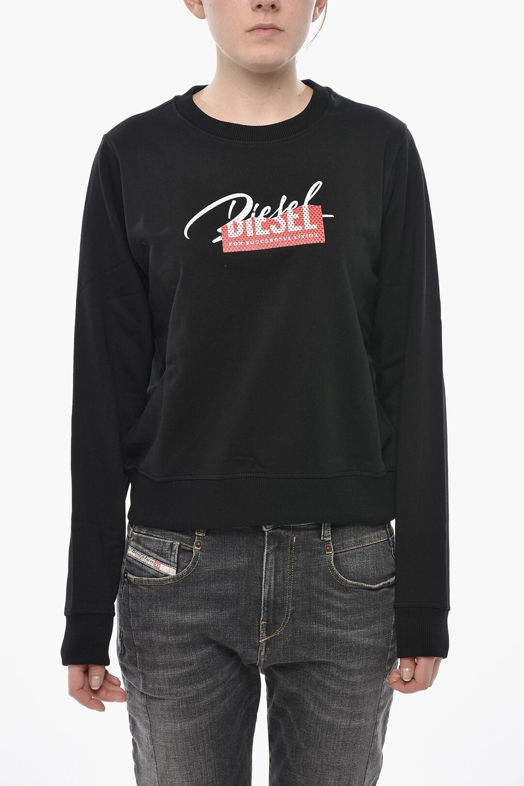 Diesel 3500~Brushed Cotton Crewneck Sweatshirt F-REGGY-BLIN With Logo Embellished With Rhinestones