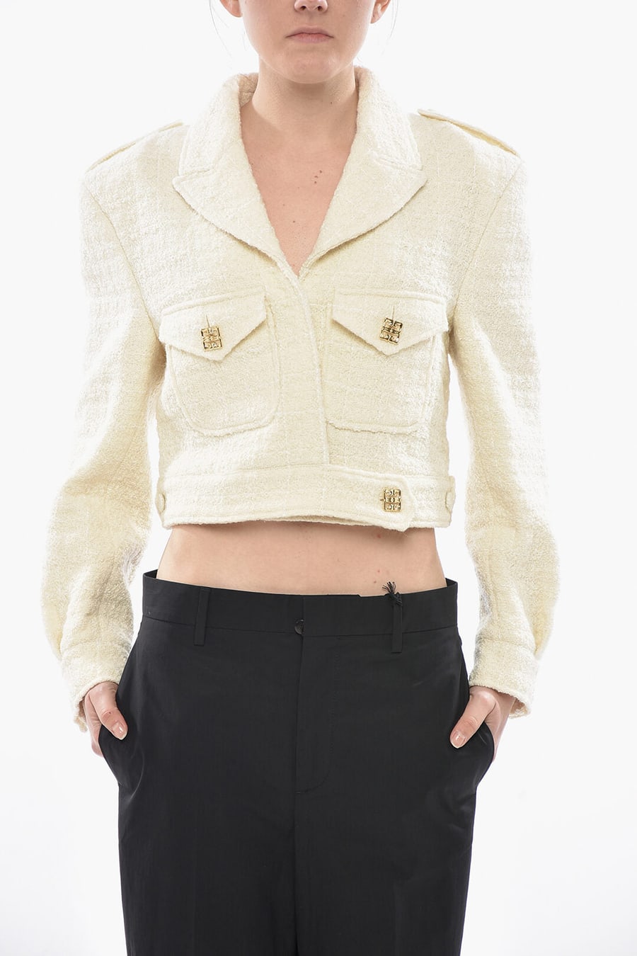 Givenchy 2405~Short Tweed Coat With Logo Patch Pockets