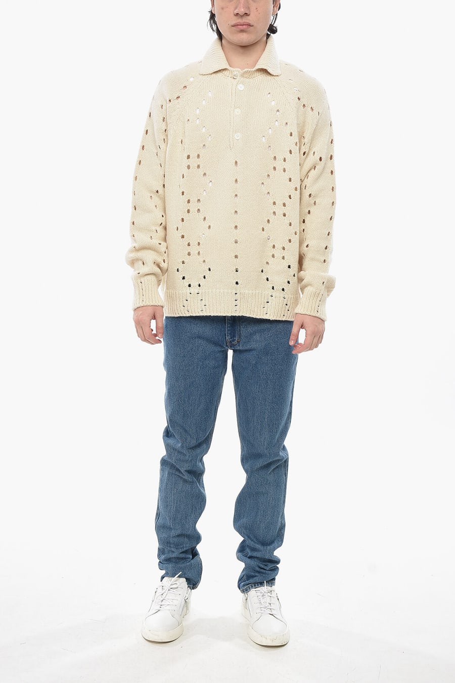 Givenchy 0130~Openwork Alpaca-Blend Pullover with Polo Collar, view 4