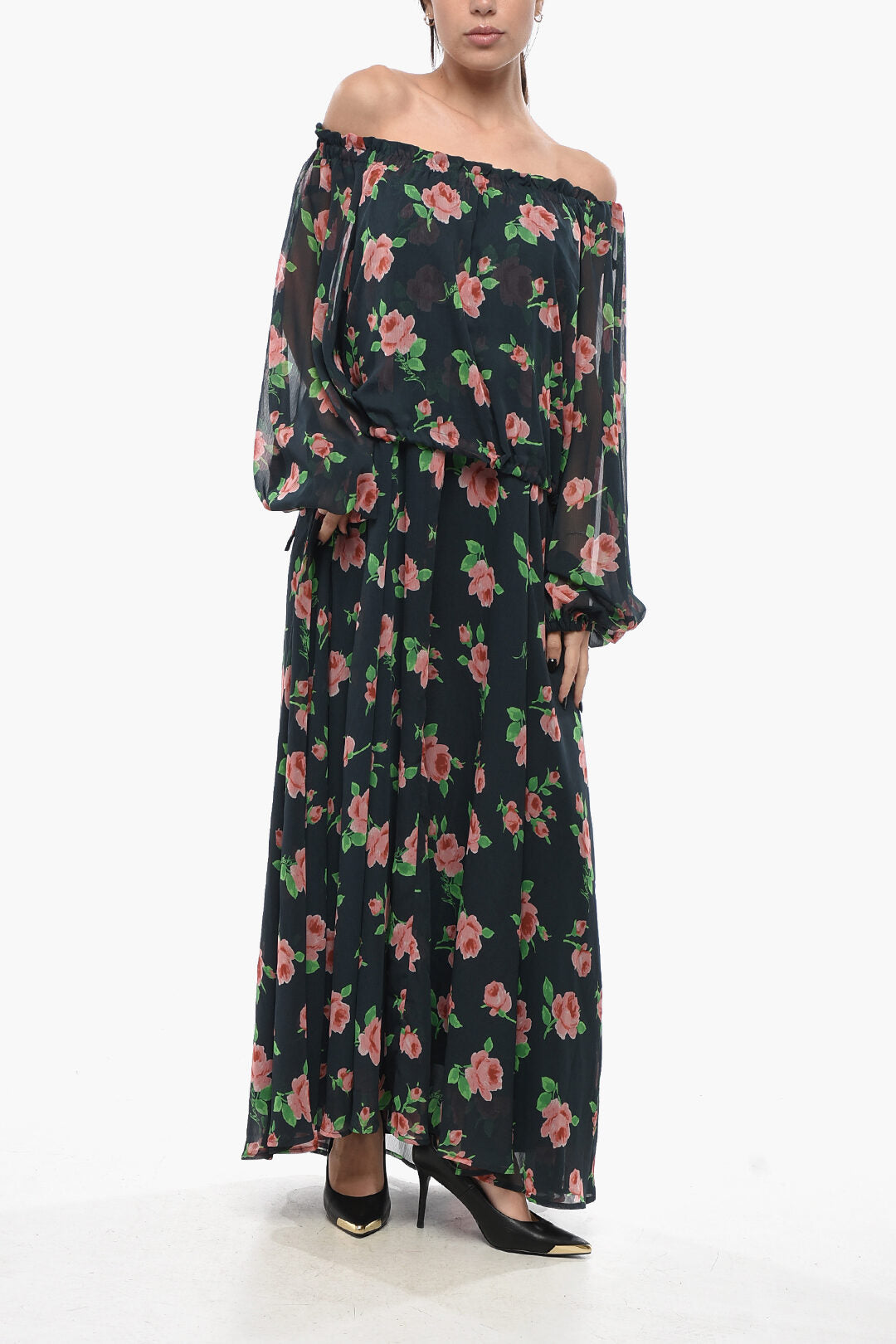 Rotate 2405~Long Chiffon Dress With Floral Pattern