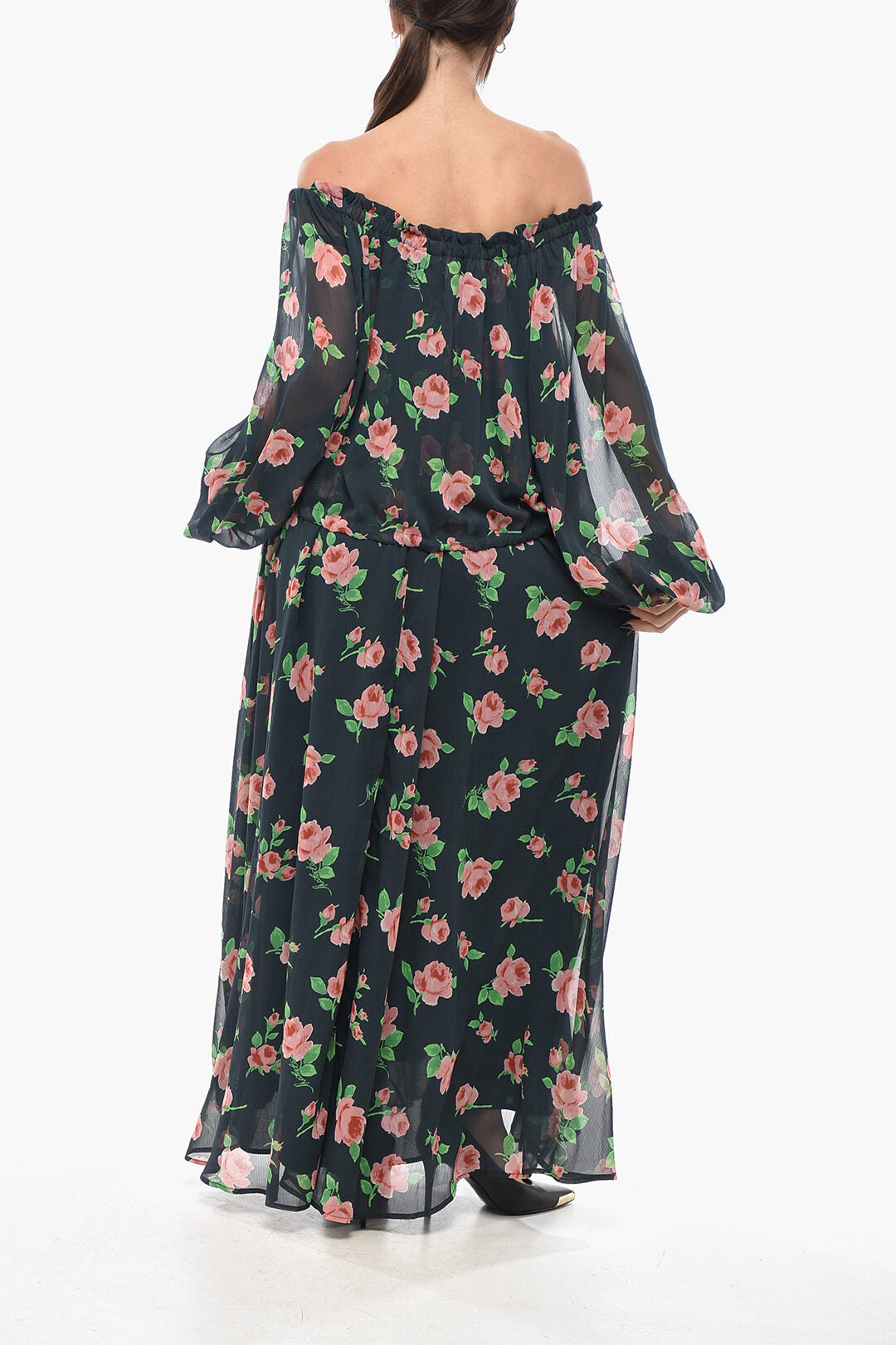 Rotate 2405~Long Chiffon Dress With Floral Pattern, view 2
