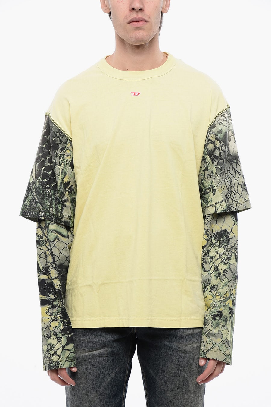 Diesel 0170~RED TAG Cotton Crew Neck T-Shirt T-WESHER-N5 with Animal-Print Sleeves