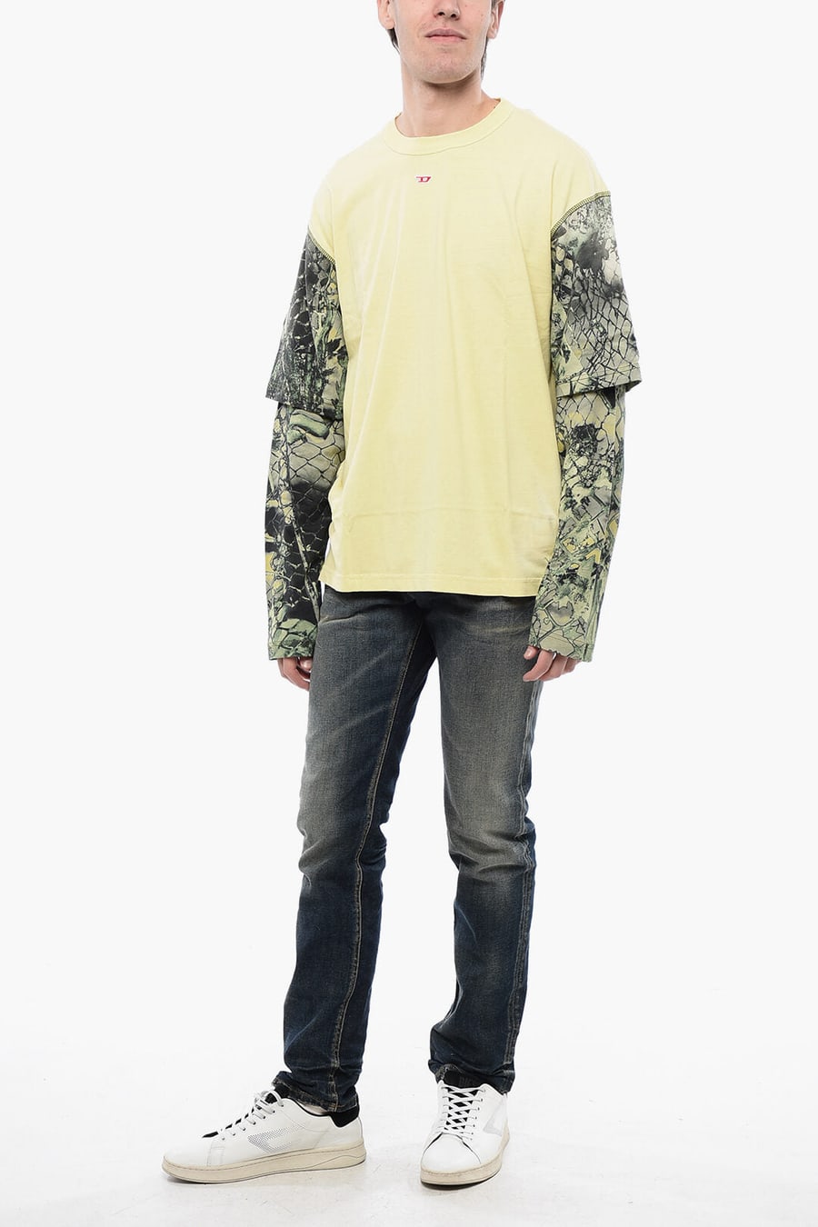 Diesel 0170~RED TAG Cotton Crew Neck T-Shirt T-WESHER-N5 with Animal-Print Sleeves, view 4