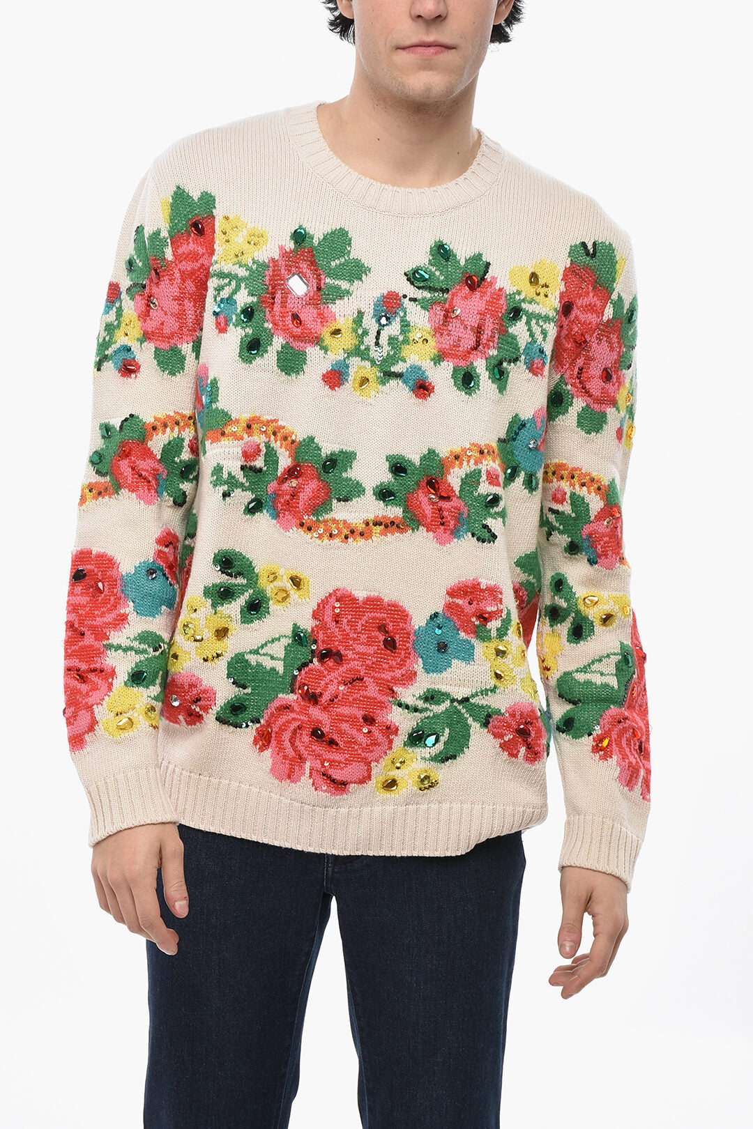 Gucci 3250~Crewneck EURIDICE Sweater with Floral Embroidery Embellished with Sequins and Jewels