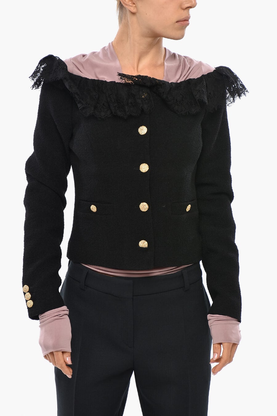 Alessandra Rich 3500~Twee Bouclé Off-Shoulder Blazer with Lace Detail