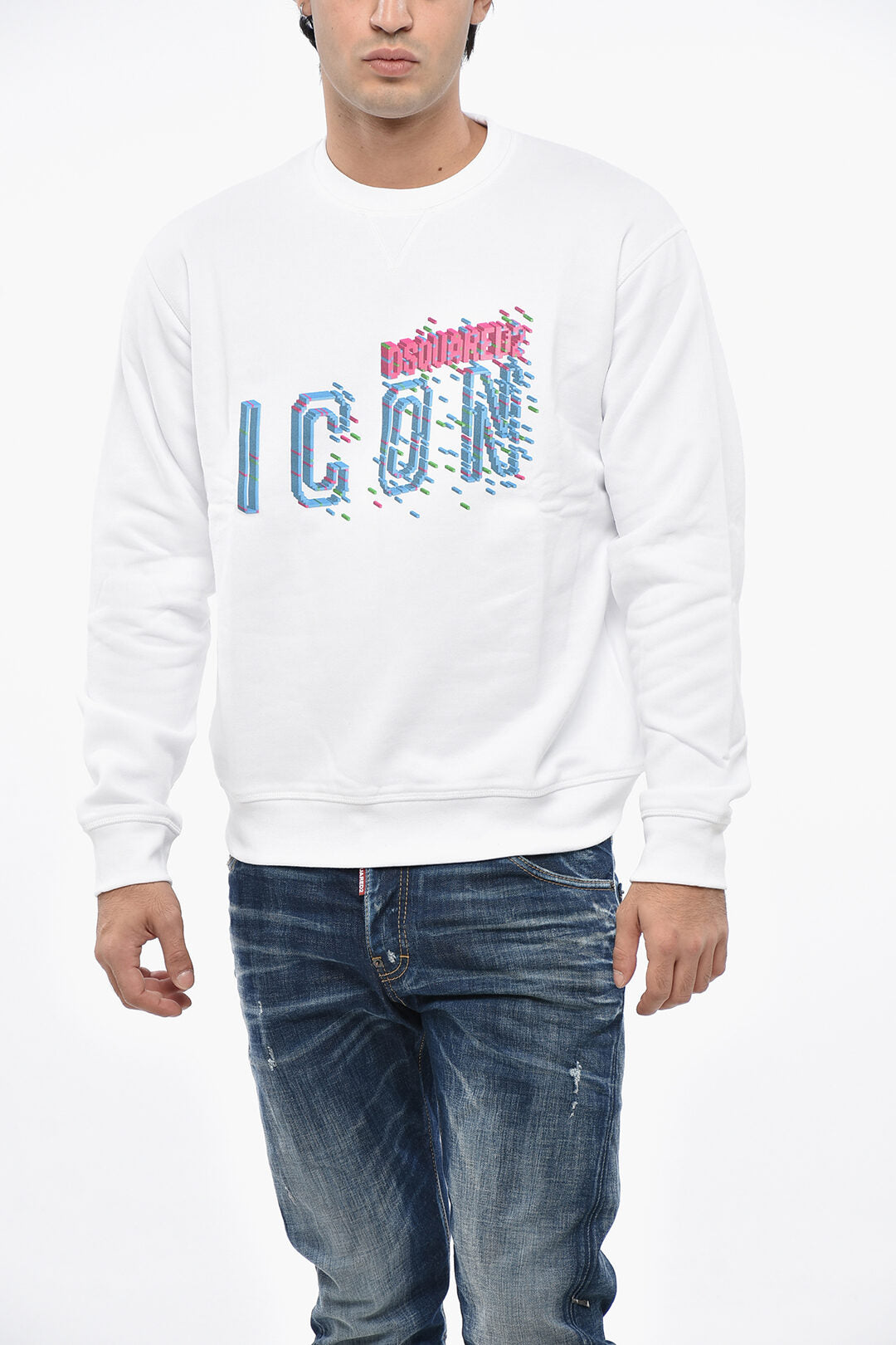 Dsquared2 2405~ICON Cotton Fleece Crewneck Sweatshirt with Embossed Logo