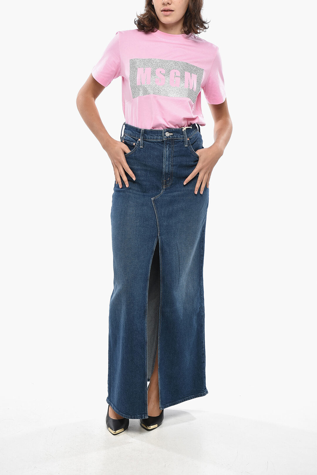 Mother 2405~Denim Maxi Skirt THE BOMBSHELL with Front Slit, view 2
