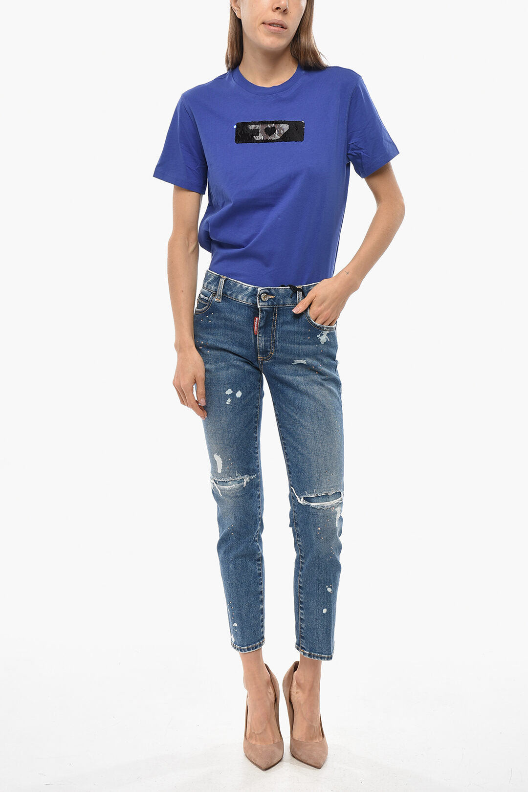 Dsquared2 2405~Jeans Cropped Fit TWIGGY embellished with Strass 15cm
