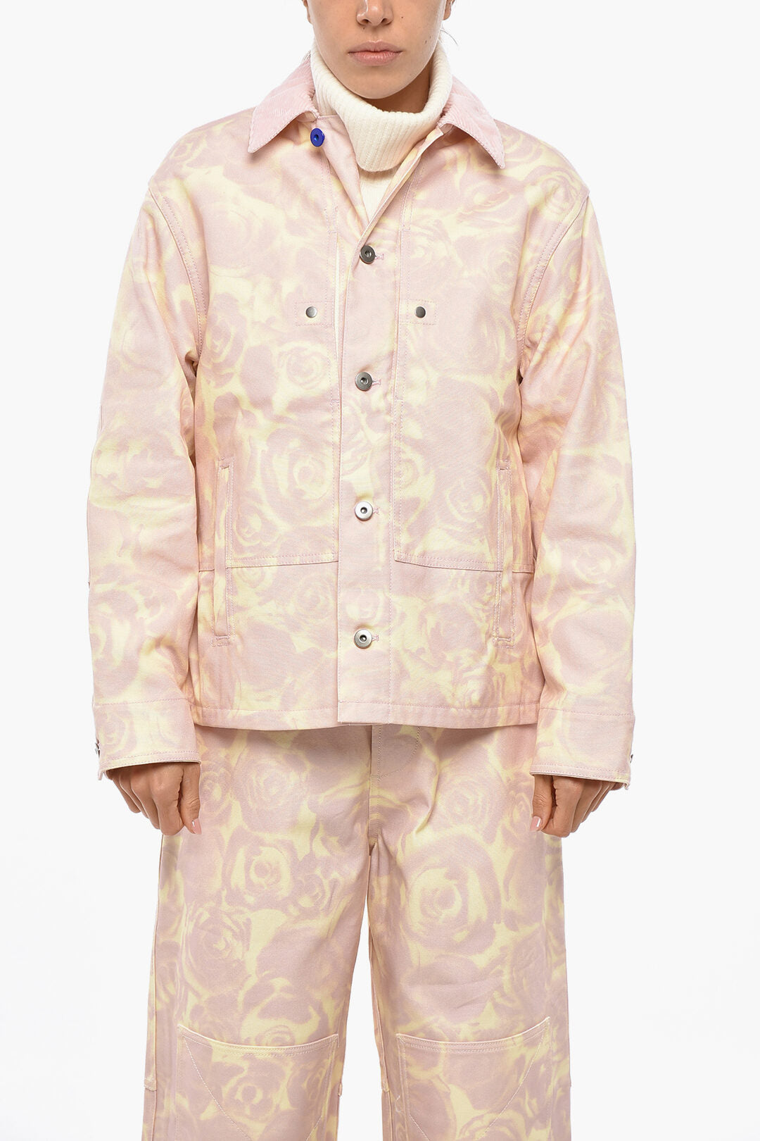 Burberry 3050~Denim Jacket with Floral Pattern and Ribbed Velour Collar