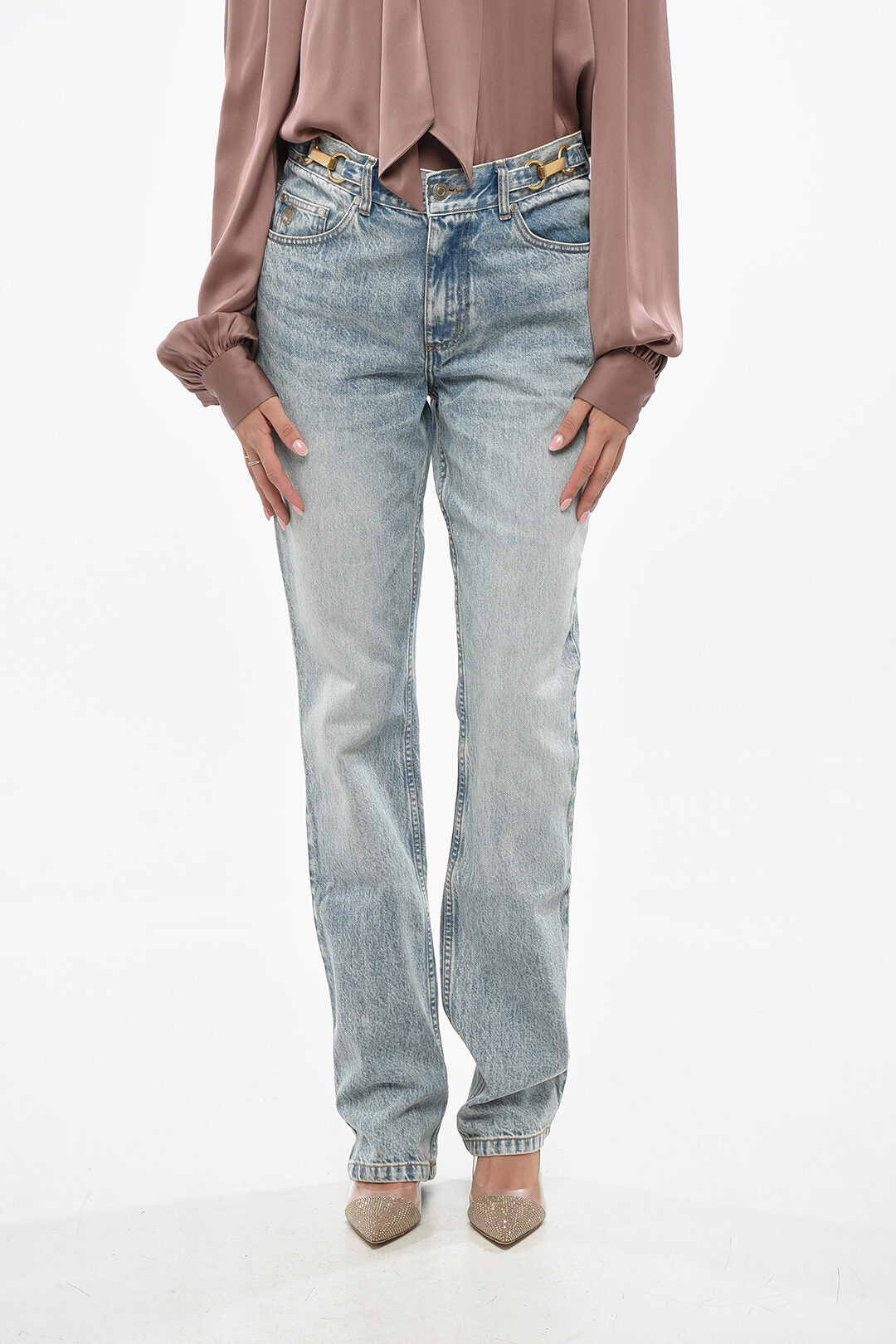 Stella McCartney 2405~Stonewashed High-Rise Jeans With Gold-Effect Details 19cm