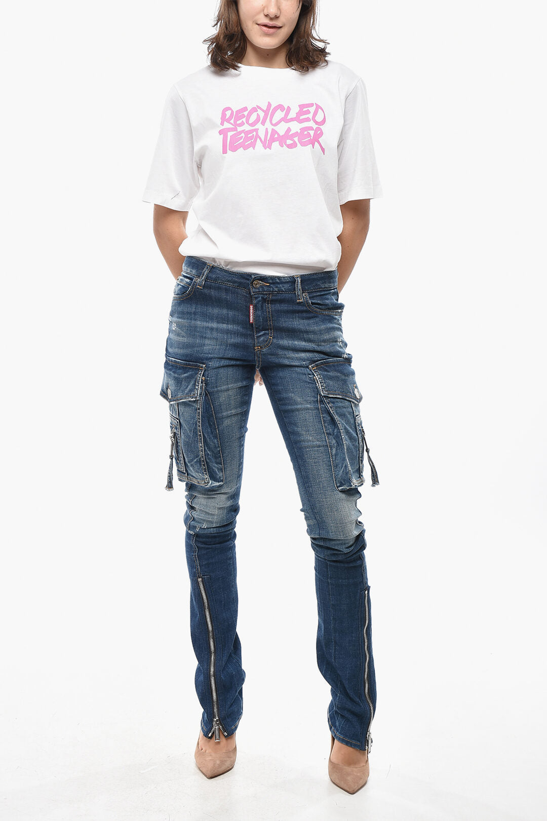 Dsquared2 2405~Cargo Jeans TRUMPET Stretch Denim with Ankle Zip 19cm