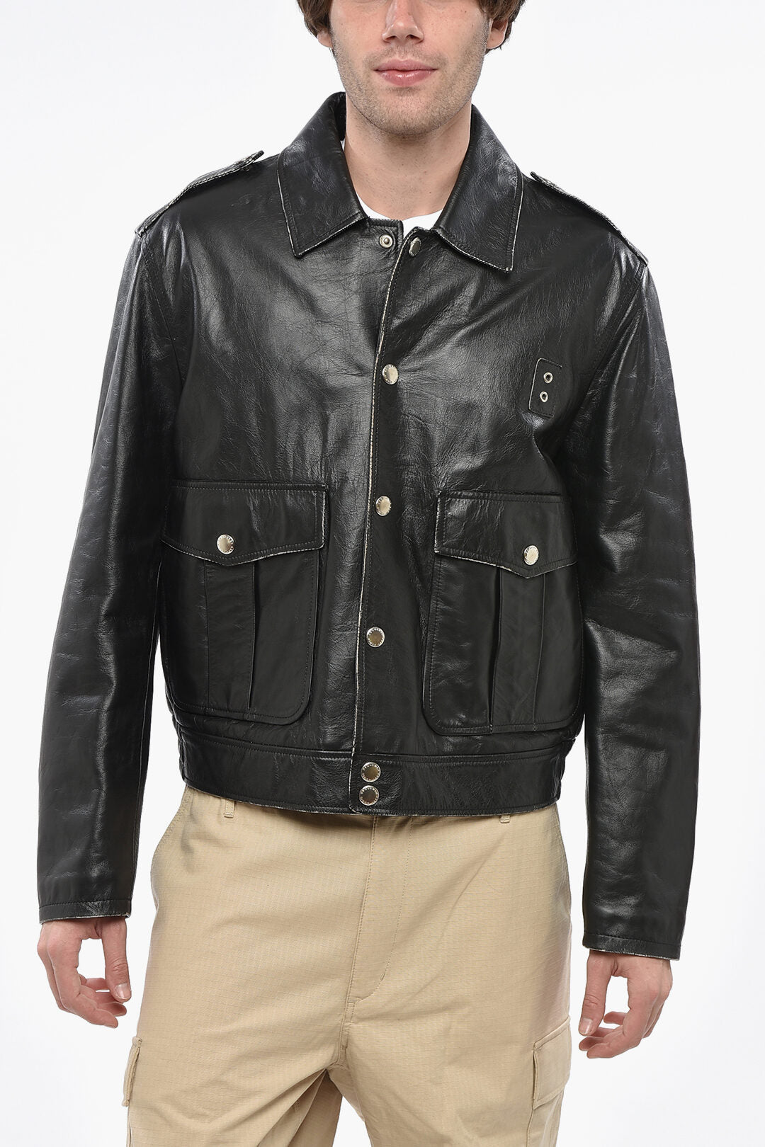 Dsquared2 3500~Leather Jacket AVIATOR with Snap Buttons and Maxi Patch Pockets