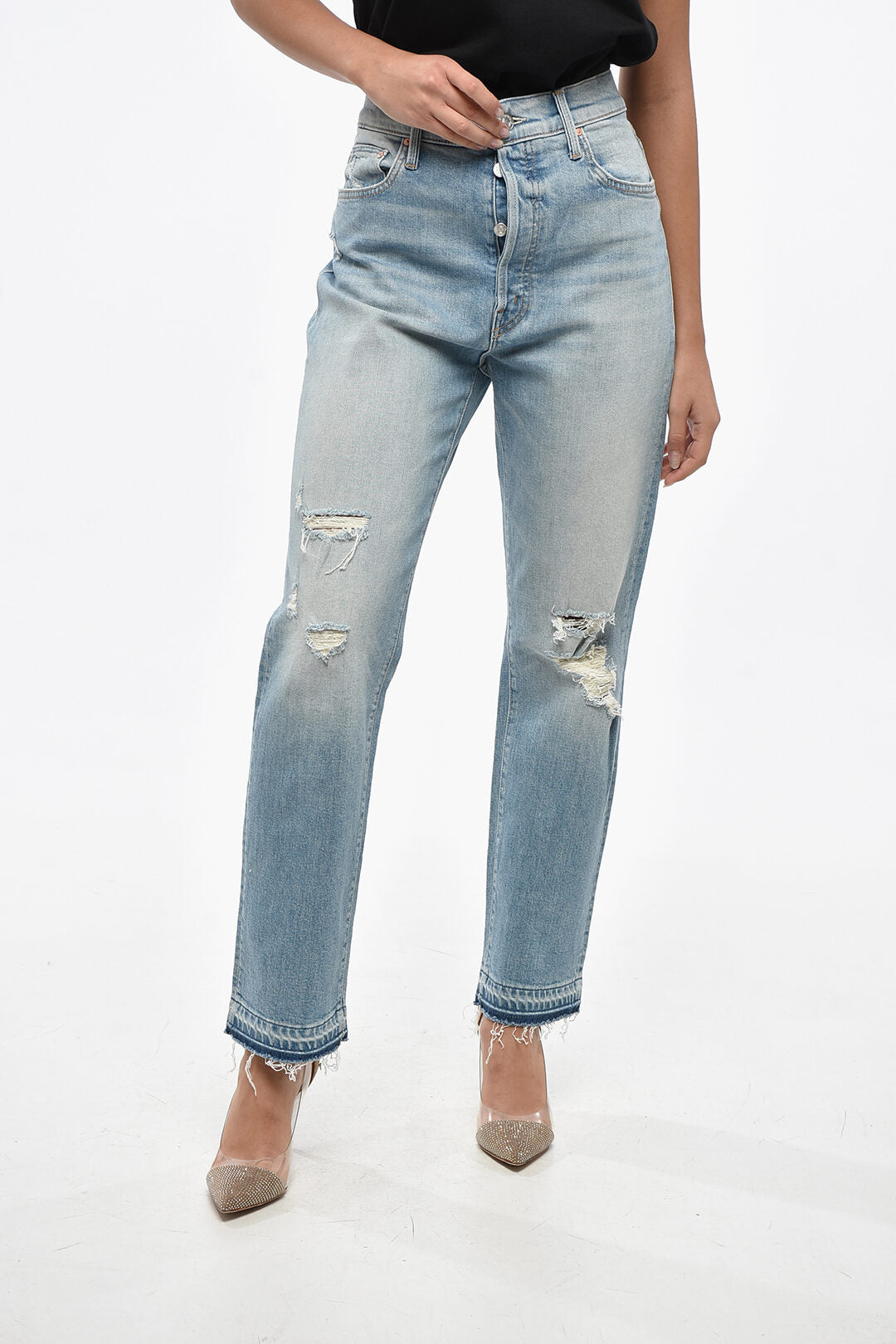 Mother 2405~Distressed Jeans HIKER HOVER UNDONE with Logo Button 18cm