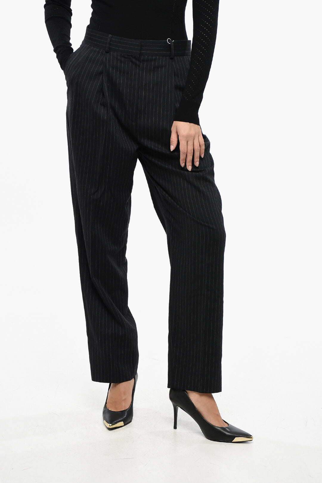 Toteme 2550~High-Waist Double-Pleat Pinstripe Trousers