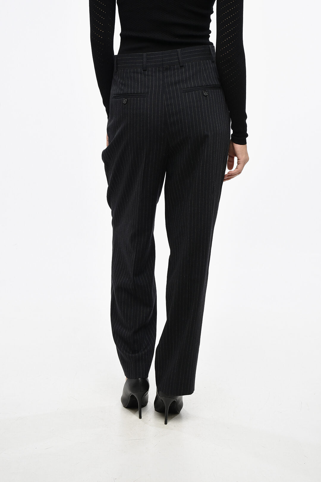 Toteme 2550~High-Waist Double-Pleat Pinstripe Trousers, view 2