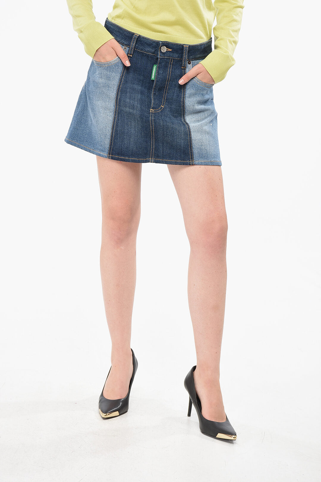 Dsquared2 2405~Two-Tone Denim Mini Skirt OLOP with Logo Button