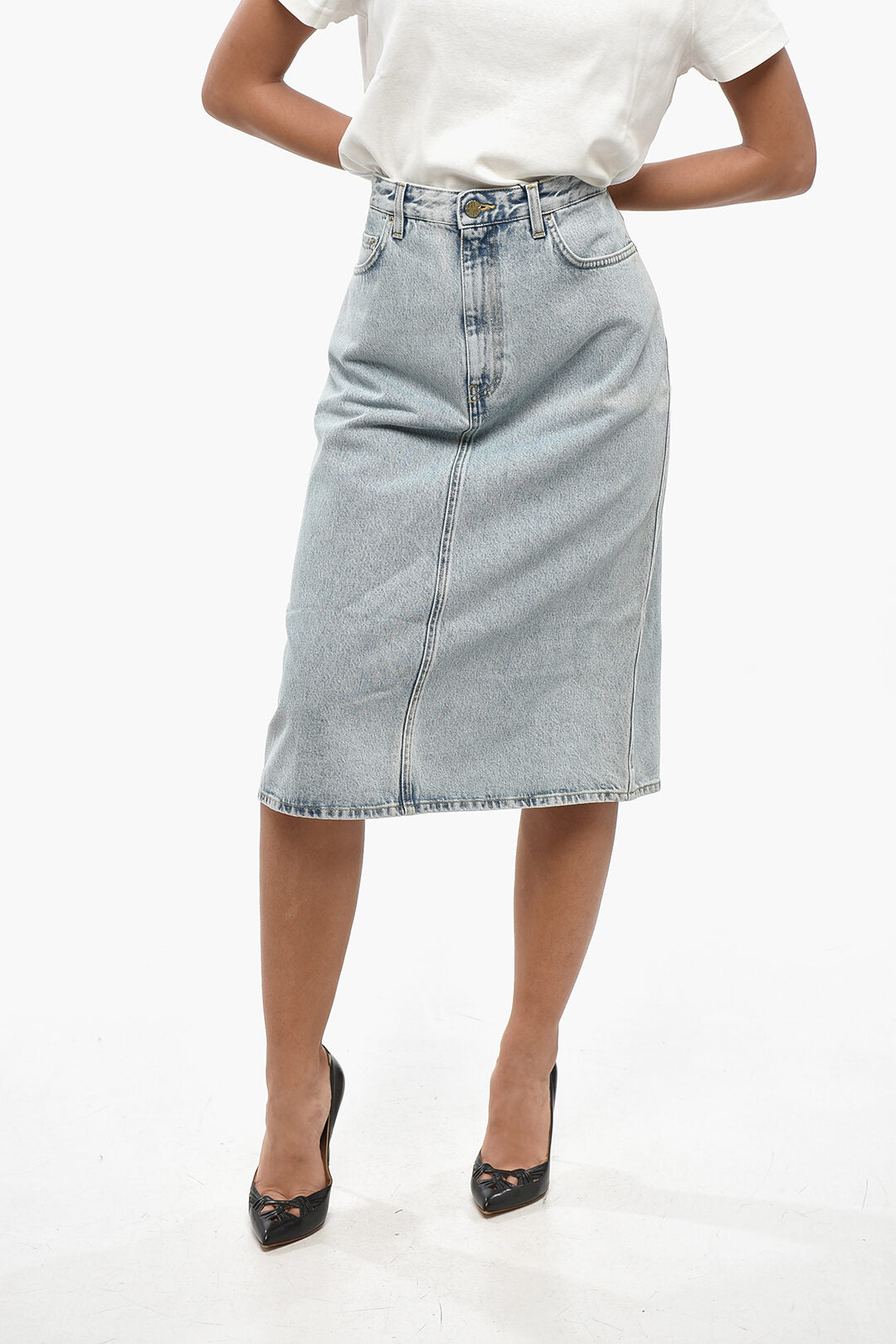 Toteme 2405~Denim Midi Skirt with Logo Button