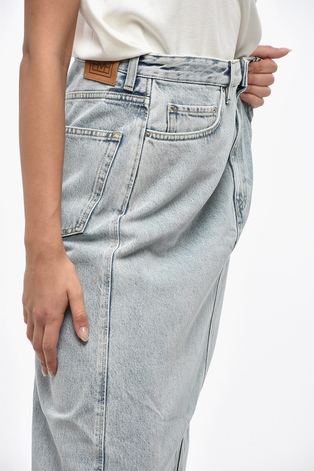 Toteme 2405~Denim Midi Skirt with Logo Button, view 2
