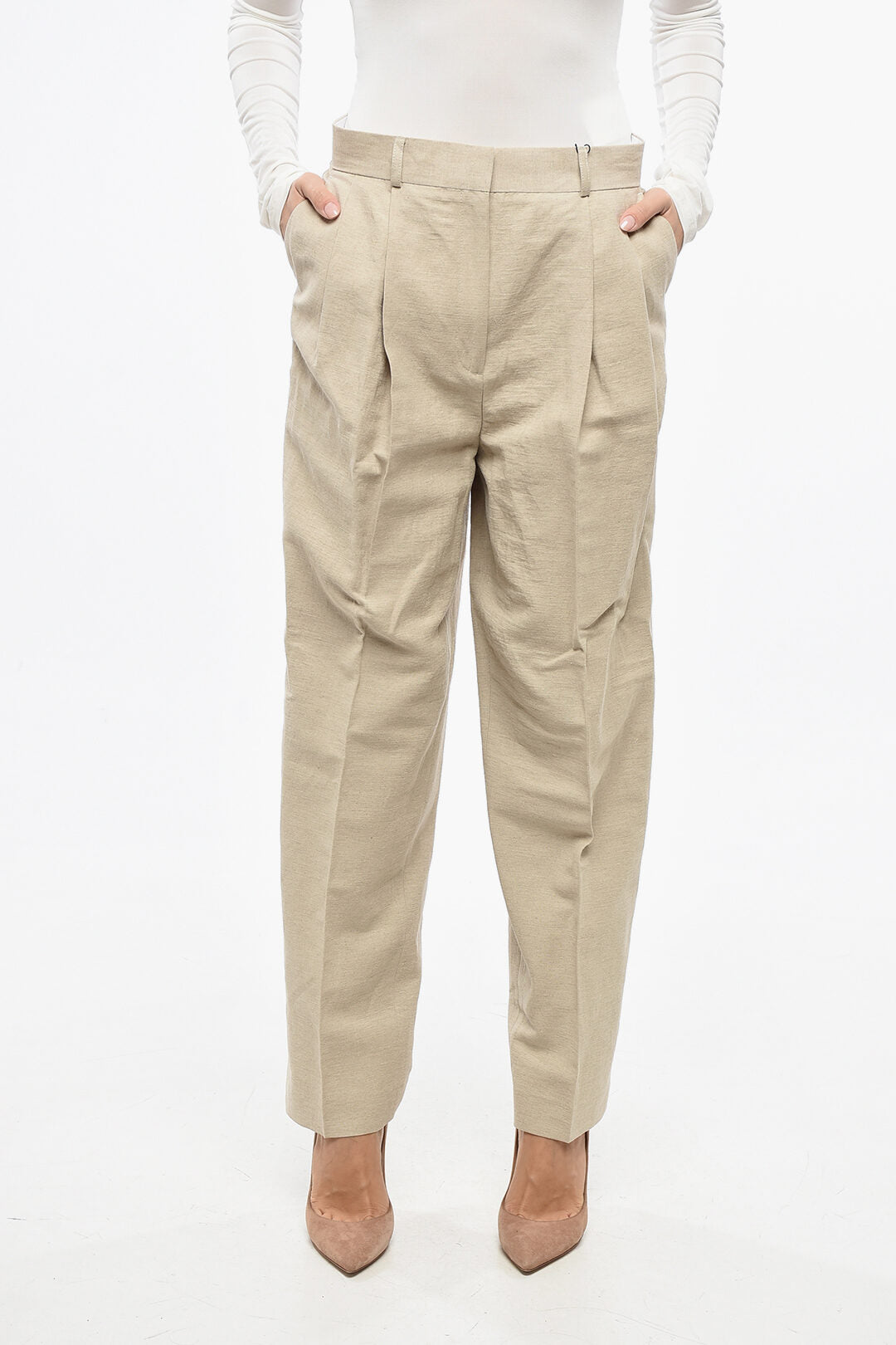 Toteme 2500~Linen-Blend High-Waist Double-Pleat Trousers