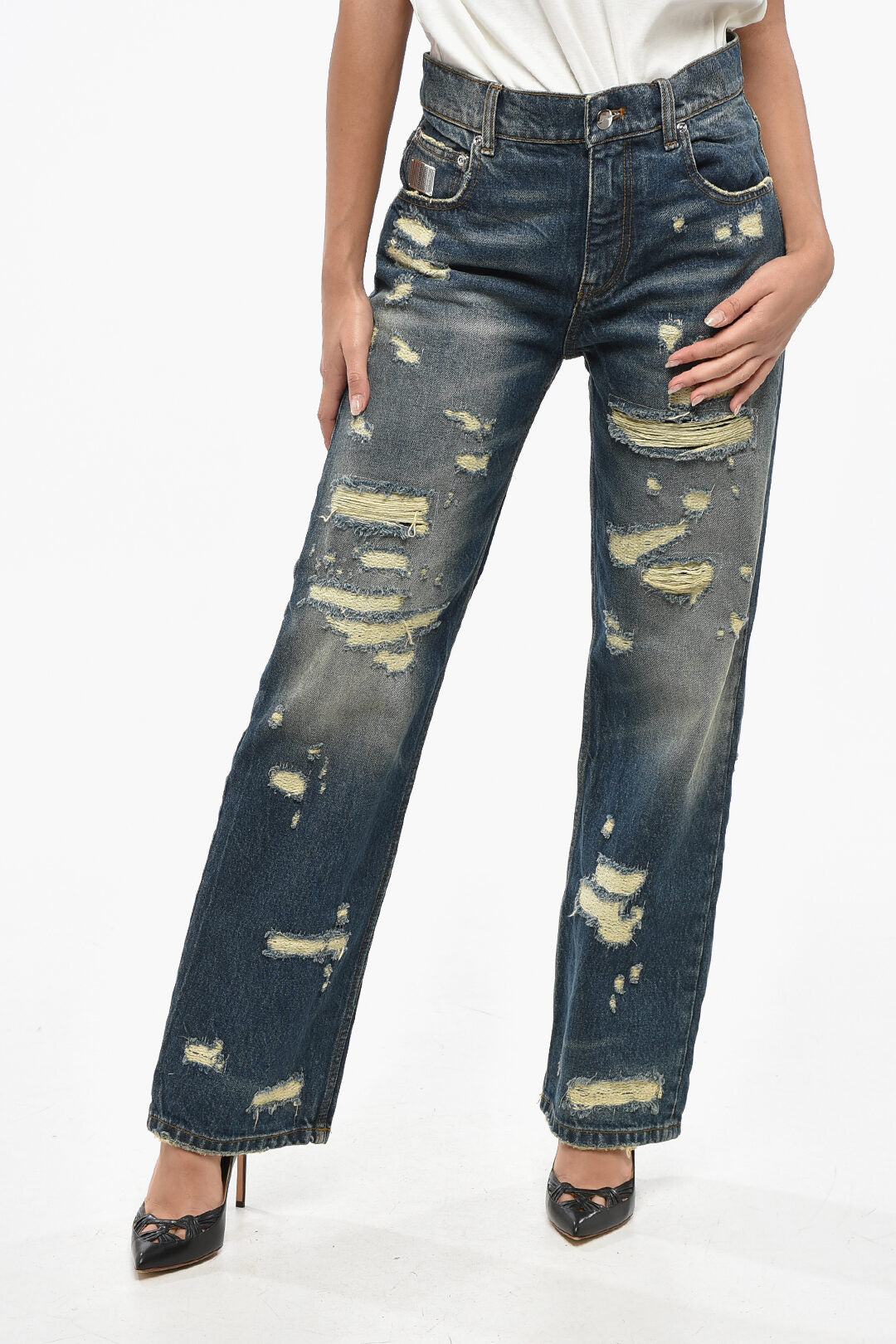 Marc Jacobs 2405~Distressed Jeans with Logo Button 22cm