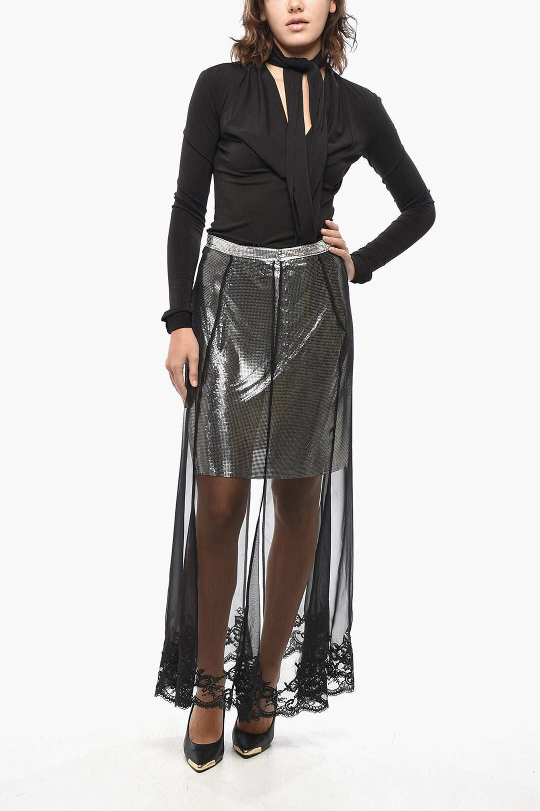 Paco Rabanne 3050~Metal-Knit Skirt with Chiffon Layer