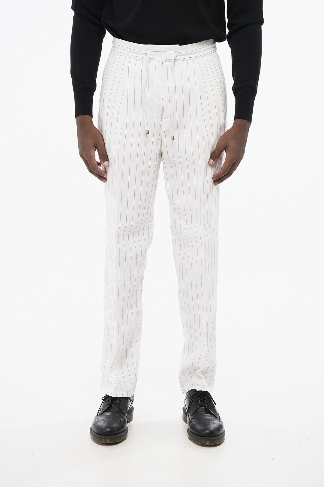 Brunello Cucinelli 2405~Pinstriped Linen Two-Pleat Trousers with Drawstring