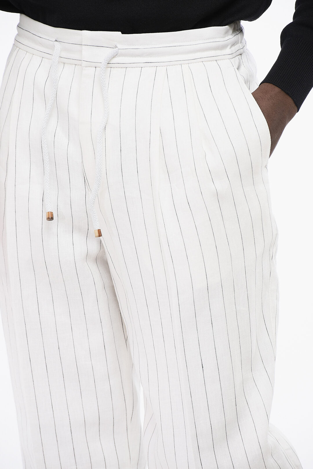 Brunello Cucinelli 2405~Pinstriped Linen Two-Pleat Trousers with Drawstring, view 2