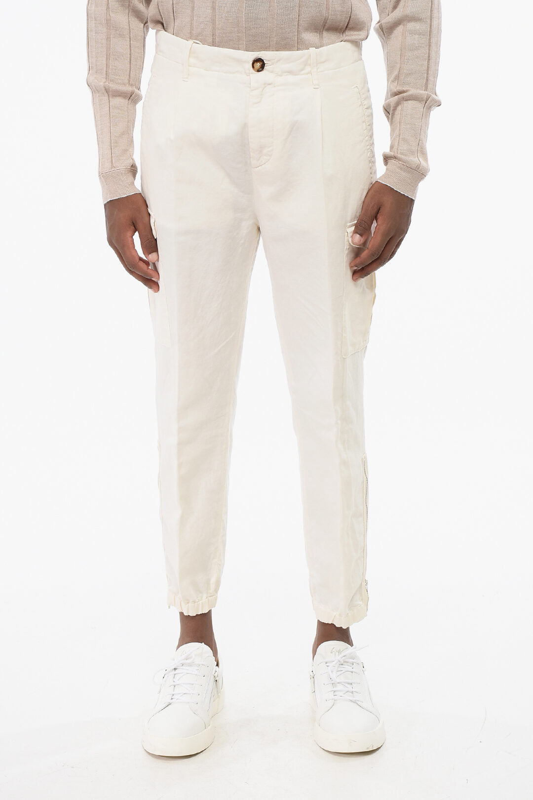 Brunello Cucinelli 2405~Mixed Linen Cargo Trousers with Ankle Zip