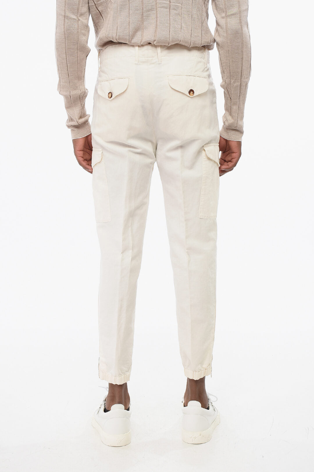 Brunello Cucinelli 2405~Mixed Linen Cargo Trousers with Ankle Zip, view 2