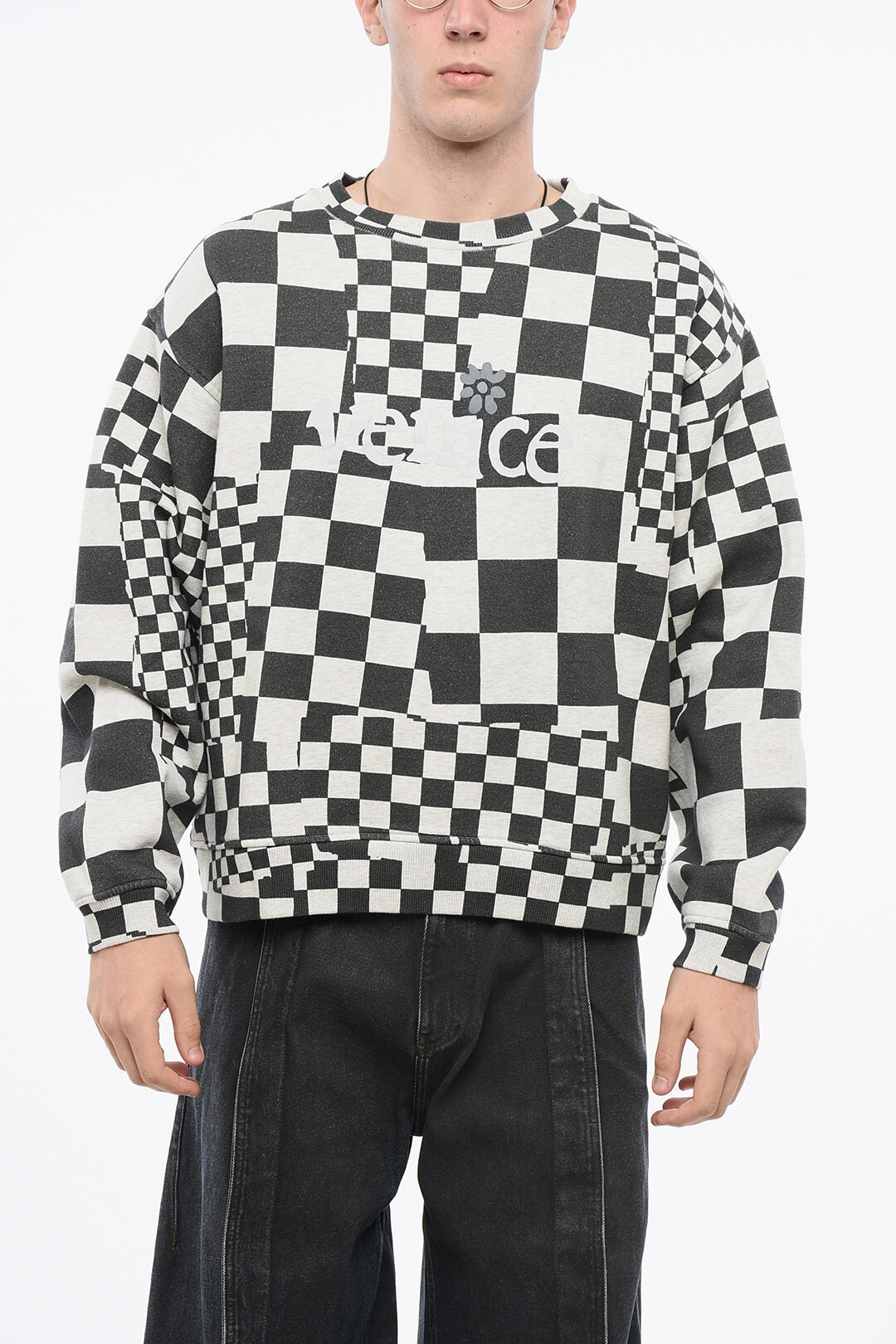Erl 2850~Checked Crewneck Sweatshirt with Ribbed Hem