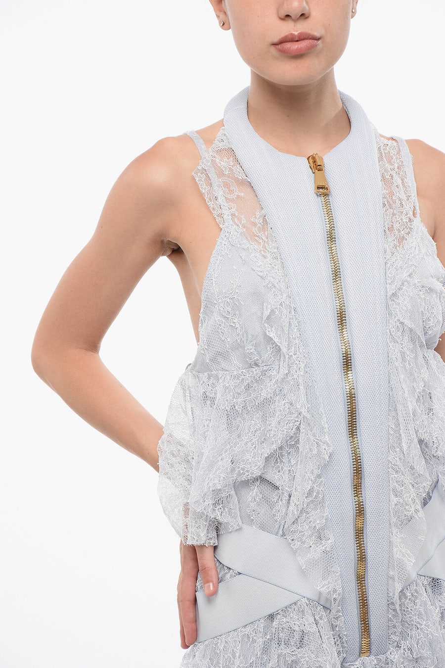 Balmain 2405~Lace Mini Dress with Asymmetric Cut, view 3