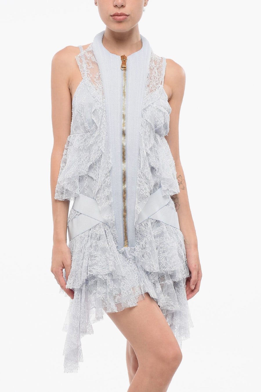 Balmain 2405~Lace Mini Dress with Asymmetric Cut, view 4