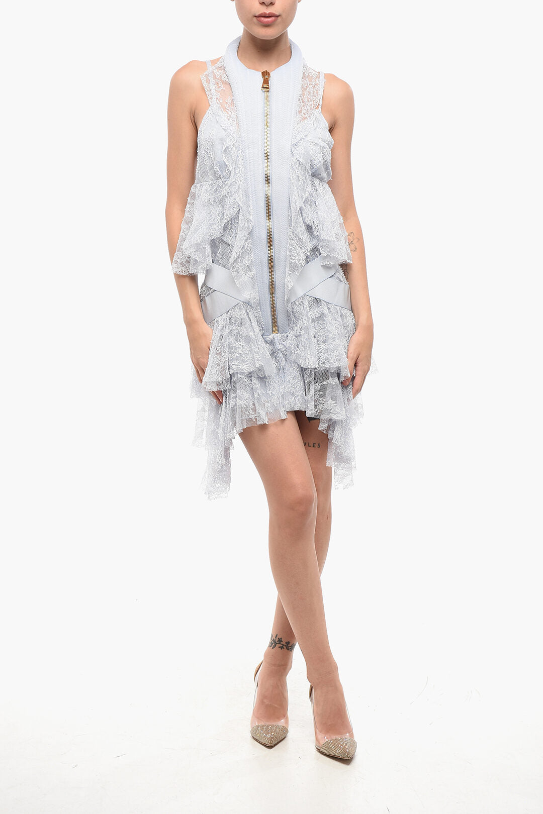 Balmain 2405~Lace Mini Dress with Asymmetric Cut