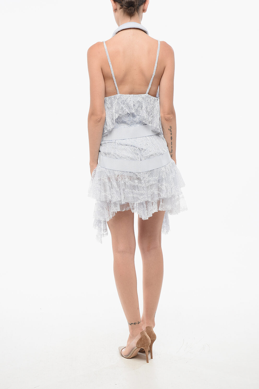 Balmain 2405~Lace Mini Dress with Asymmetric Cut, view 2
