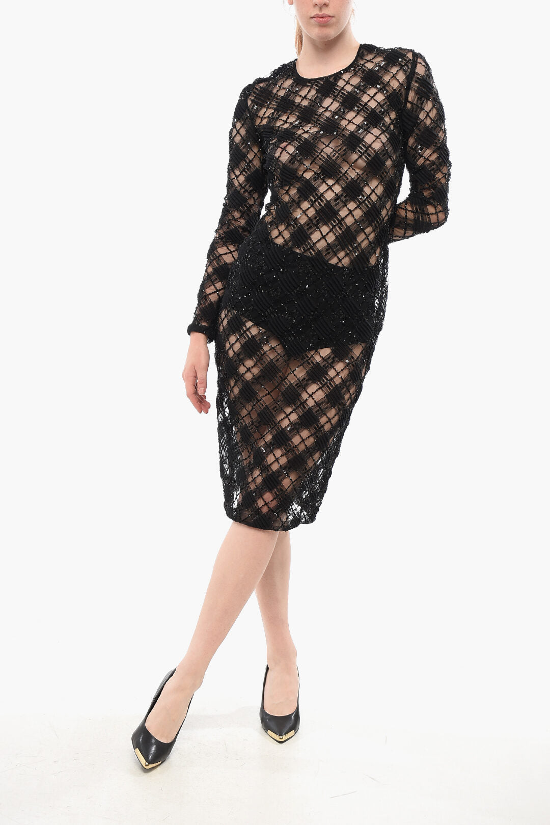 Elisabetta Franchi 3500~See-Through Embroidered Tulle Sheath Dress