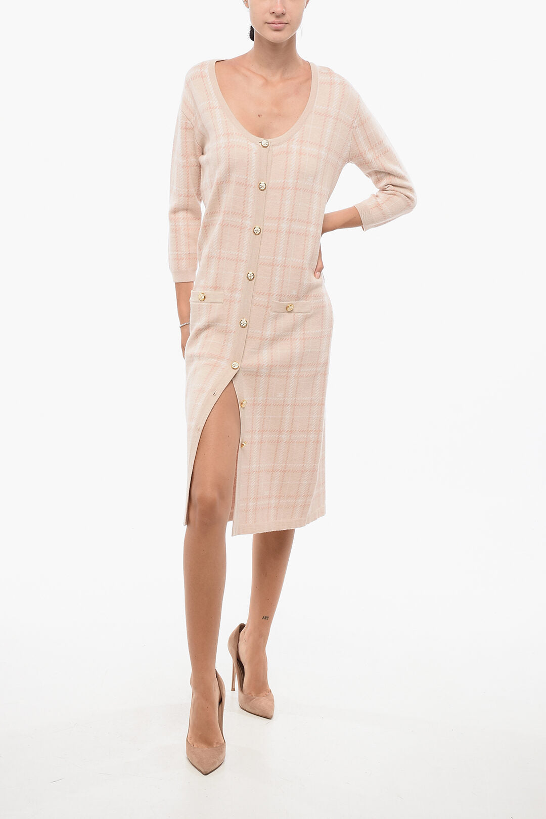 Elisabetta Franchi 3050~Tartan Knit Sheath Dress with Front Buttoning