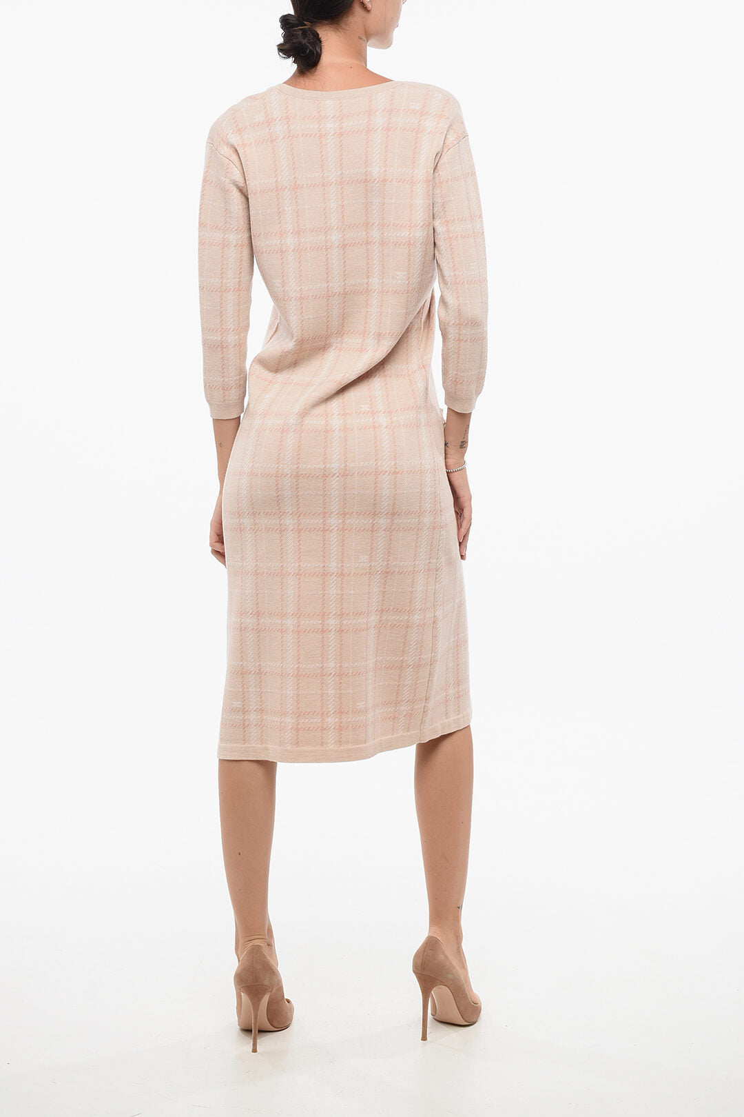 Elisabetta Franchi 3050~Tartan Knit Sheath Dress with Front Buttoning, view 2