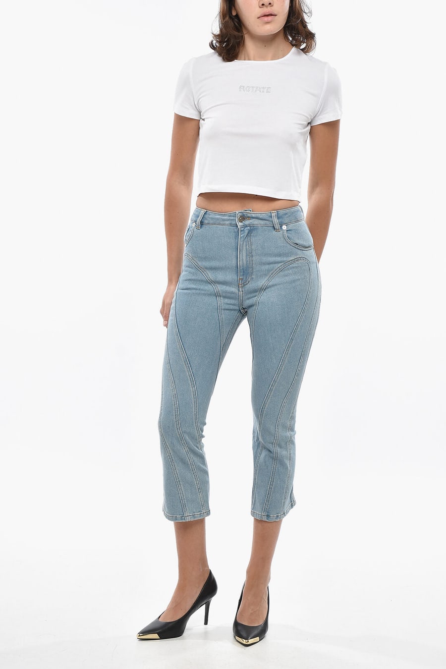 Mugler 2750~Cropped-Fit Patchwork-Effect Jeans, view 4