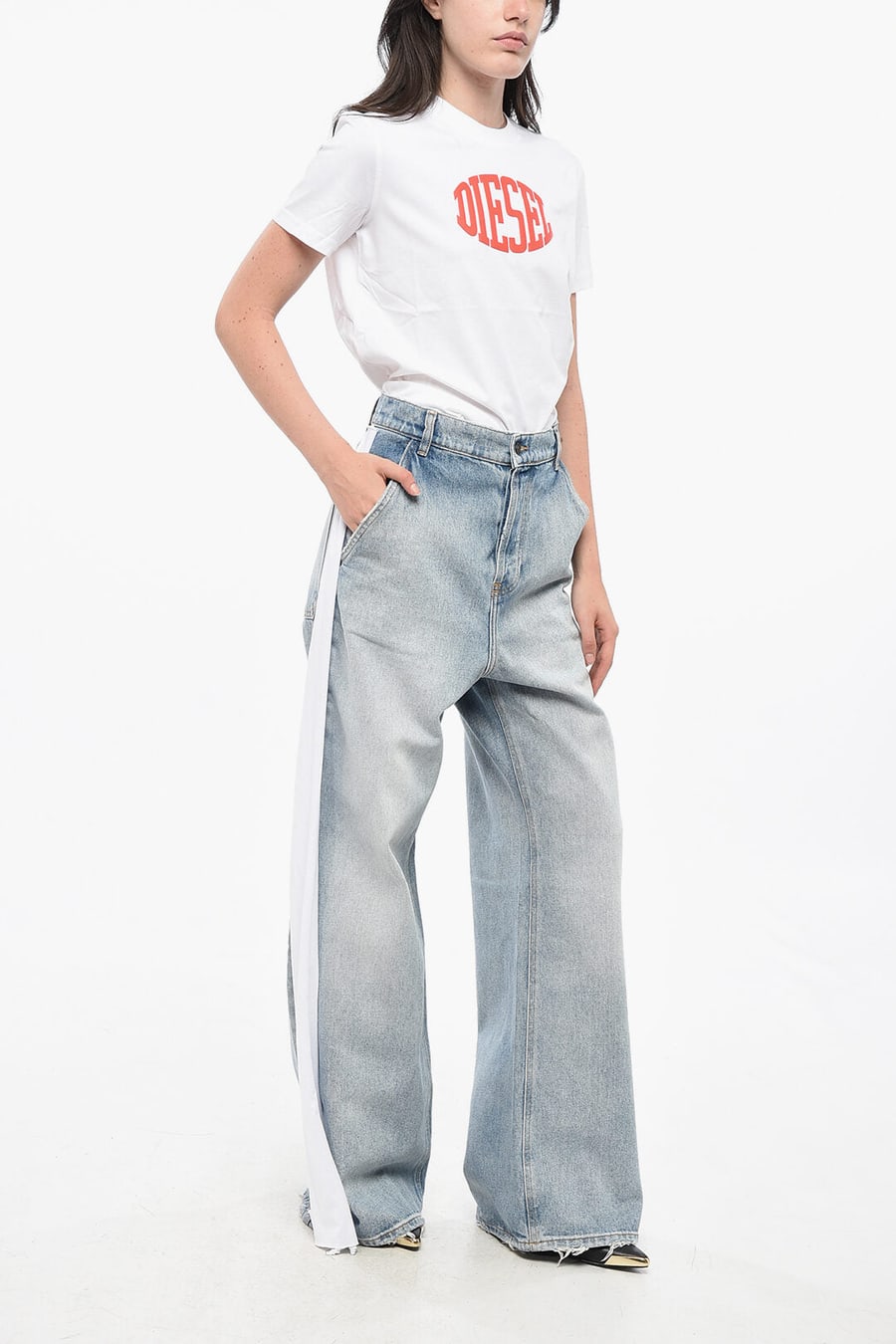 Diesel 0138~RED TAG Wide-Leg Jeans SIRE with Jersey Side Bands, view 3