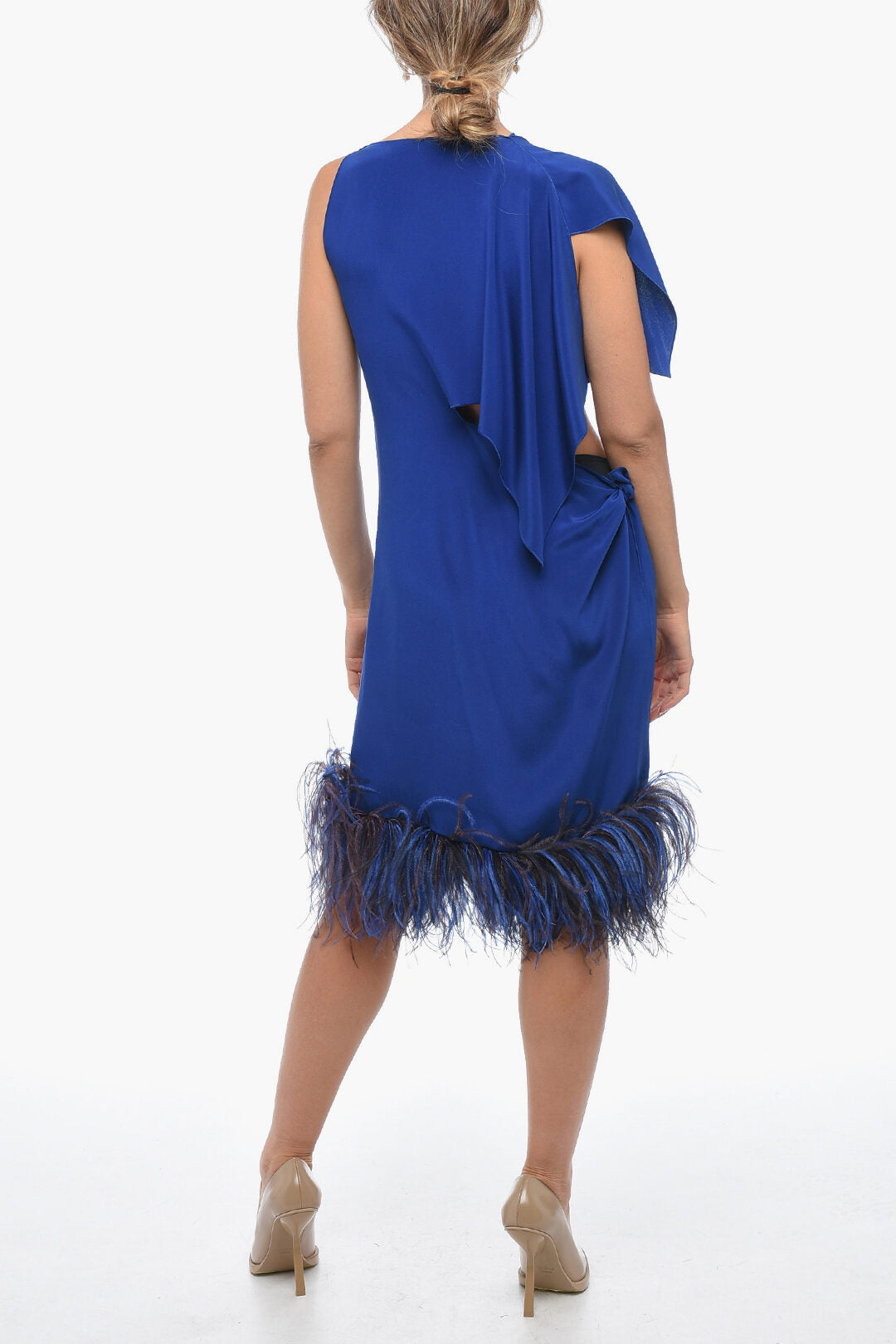Stephan Janson 2405~Asymmetric PARIS Silk Dress with Ostrich Feather Hem