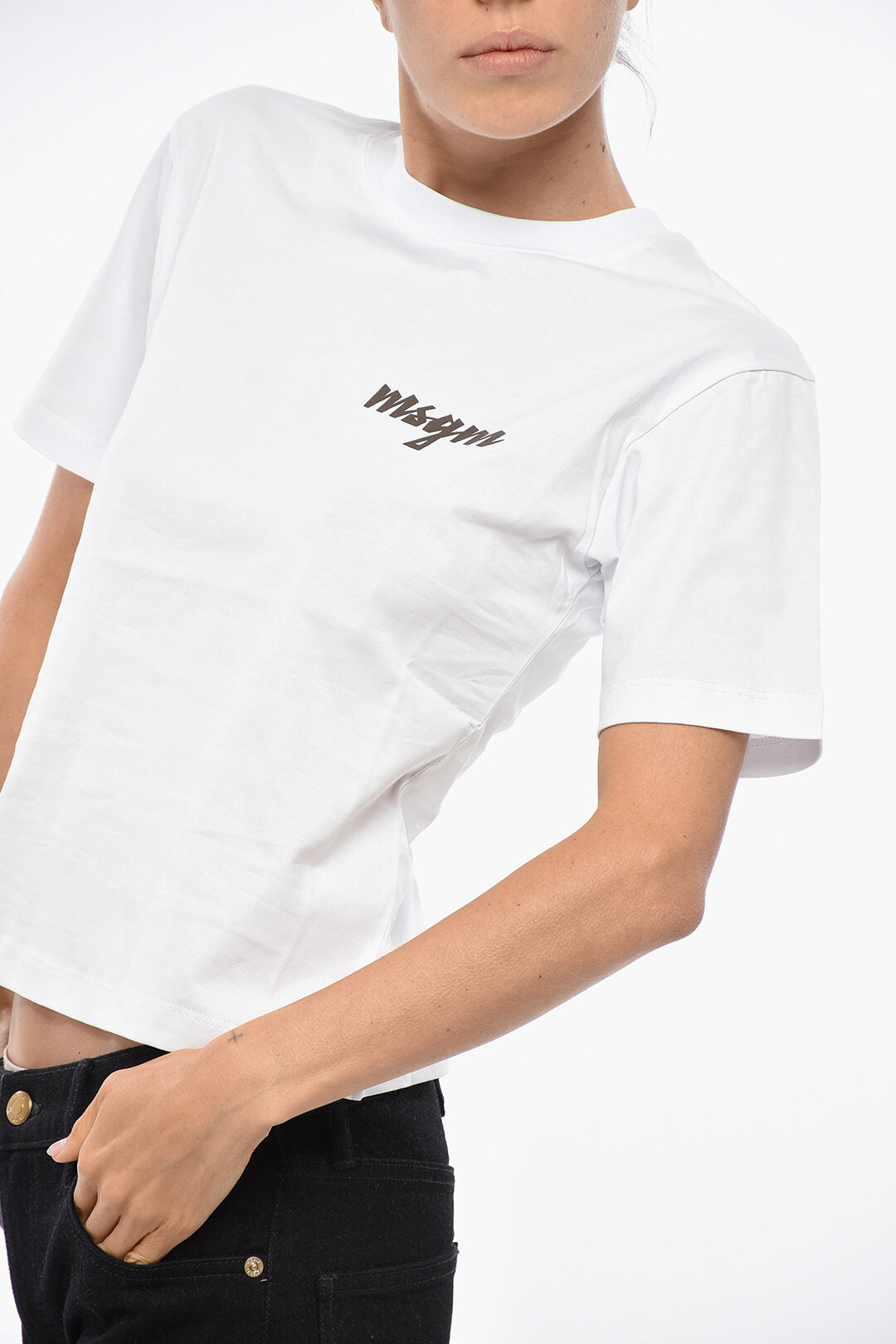 MSGM 2405~Cotton Crewneck T-Shirt with Printed Logo, view 2