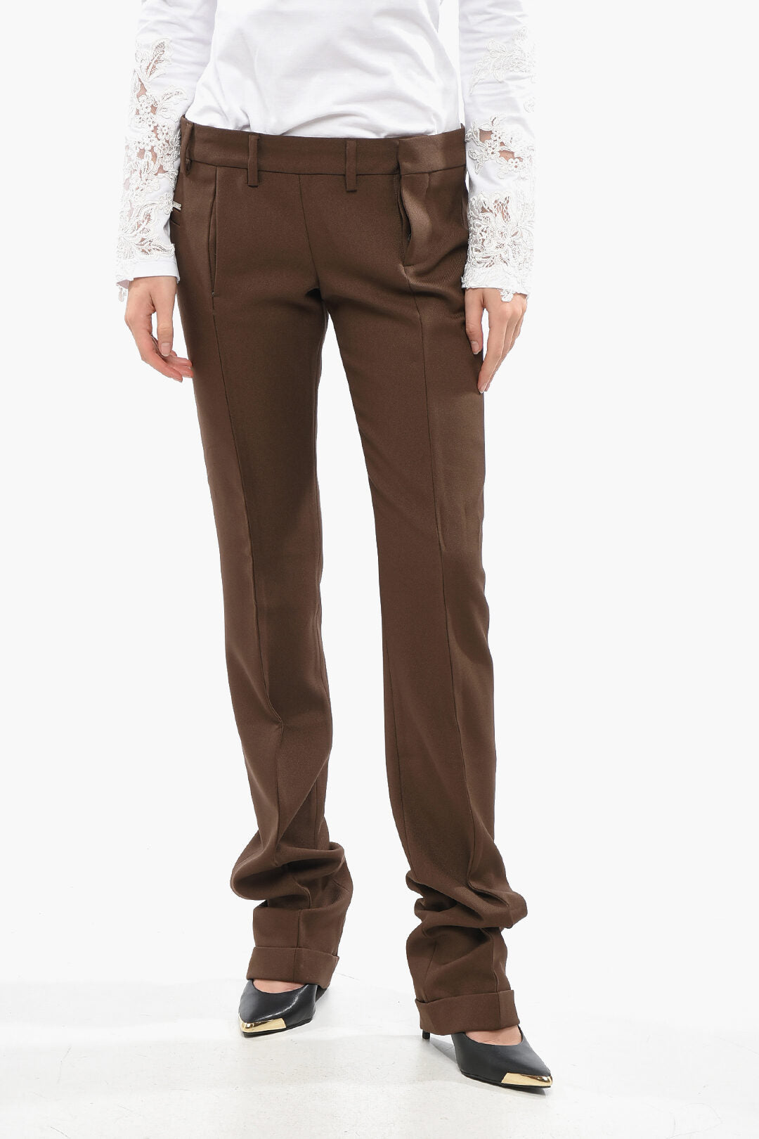 Dsquared2 2405~Cotton Gabardine Straight-Leg Trousers DEANA with Turn-Up Hem