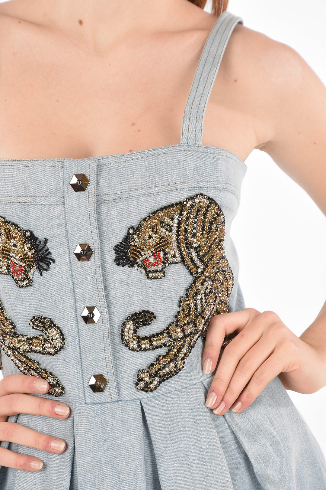Philipp Plein 2405~COUTURE Denim Dress IT'S FINE LOVE pleated details with Strass, view 2