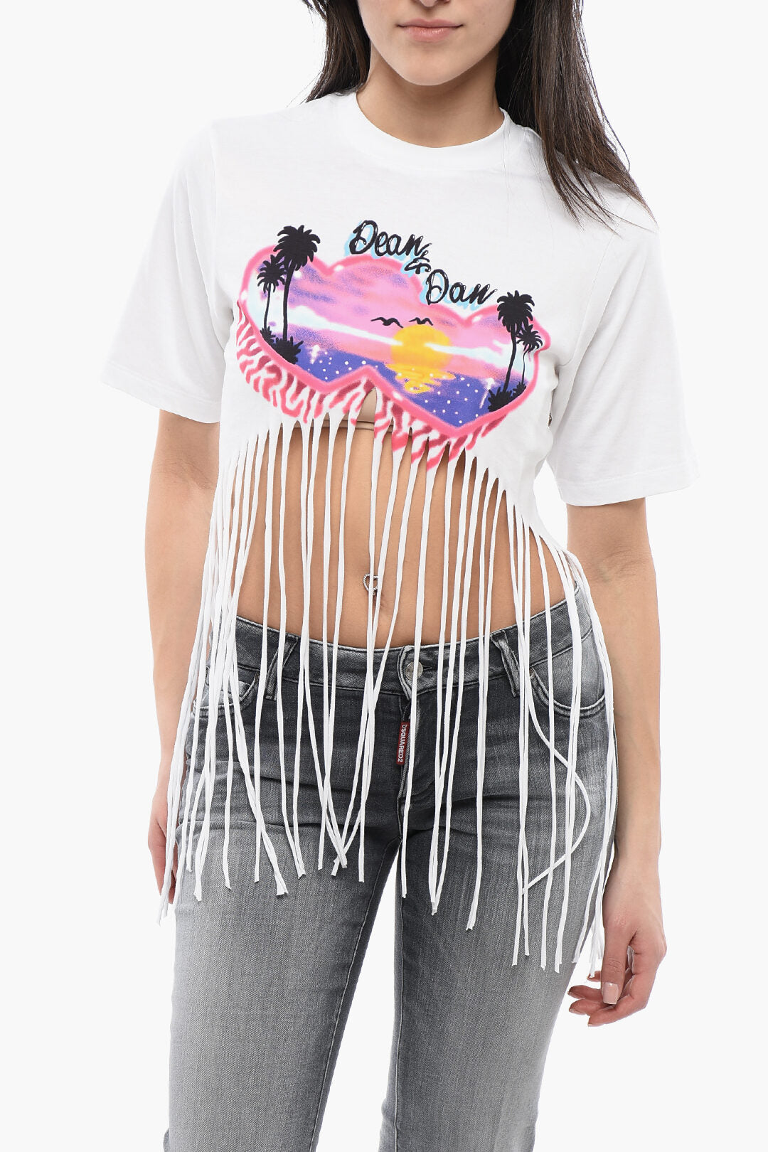 Dsquared2 2405~Cropped T-Shirt SPRAY SUNSET with Fringed Hem