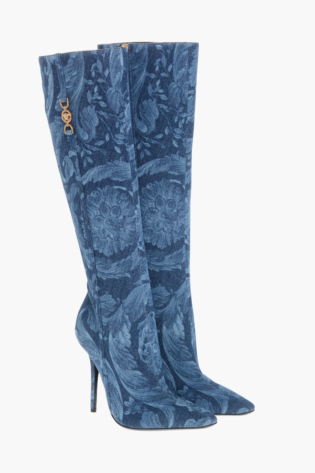 Versace 2405~Denim Knee-High Boots LA GRECA with 11cm Stiletto Heel